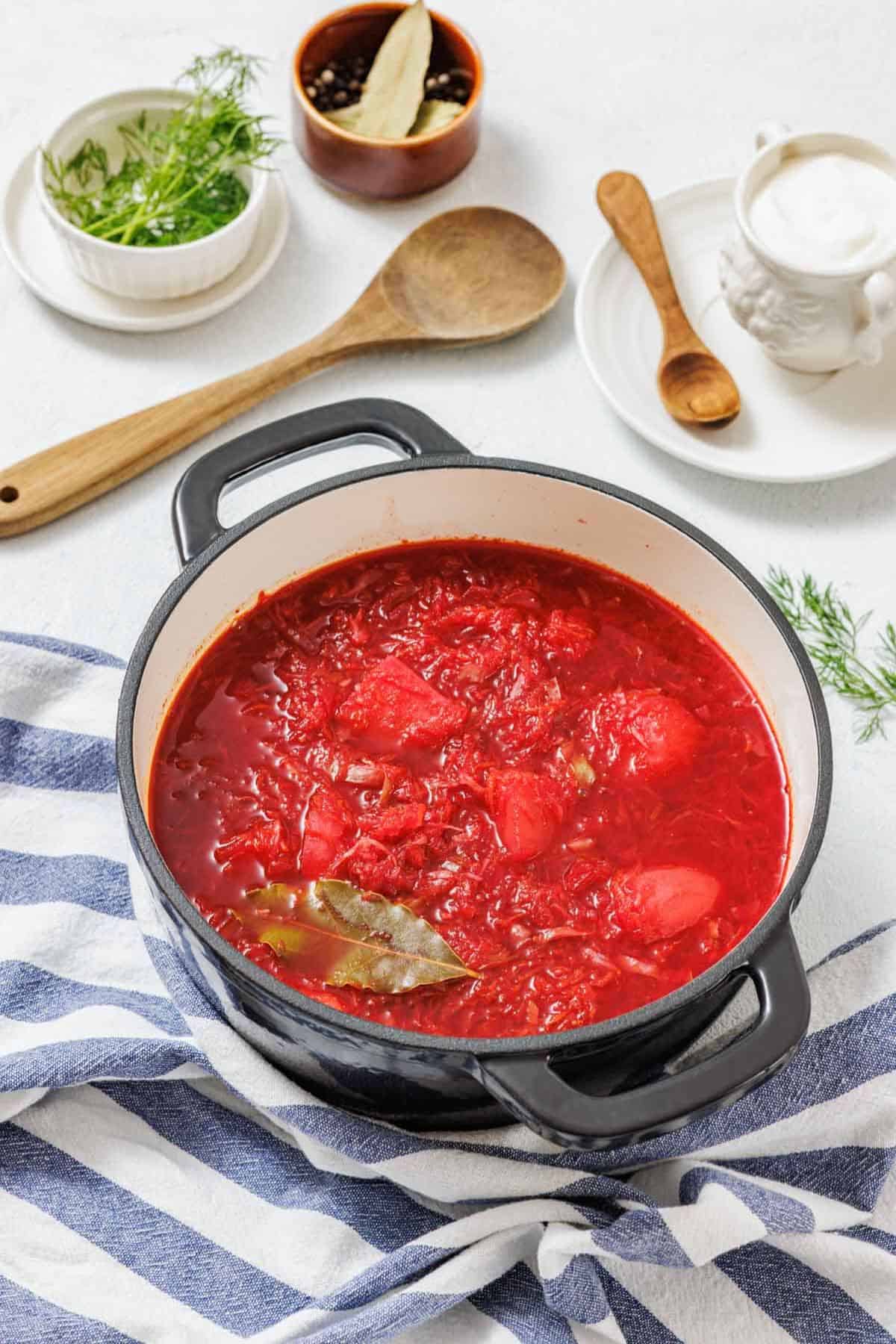 A black pot filled with red borscht soup sits on a striped cloth, surrounded by herbs, a wooden spoon, and small bowls with condiments.
