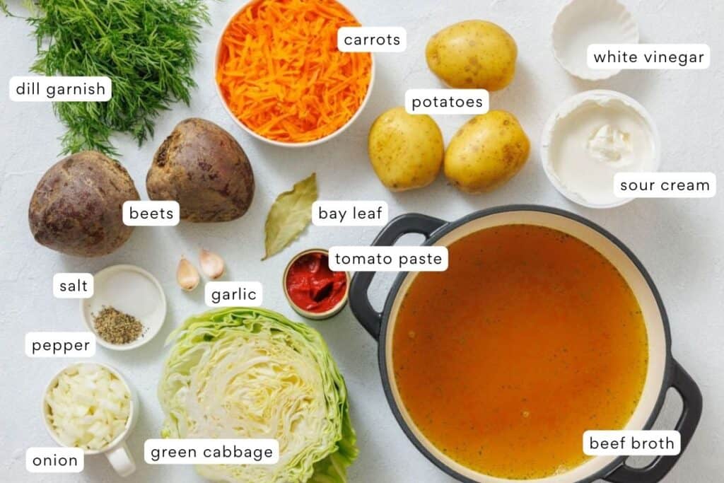 Ingredients for borscht soup arranged on a countertop, including beef broth, cabbage, potatoes, carrots, beets, onion, garlic, seasonings, tomato paste, sour cream, dill, and vinegar.