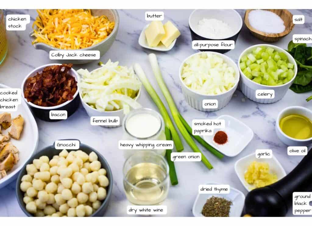 Assorted labeled ingredients for a gnocchi dish are arranged on a white surface, including cheese, vegetables, seasonings, gnocchi, cooked chicken, bacon, and liquids.